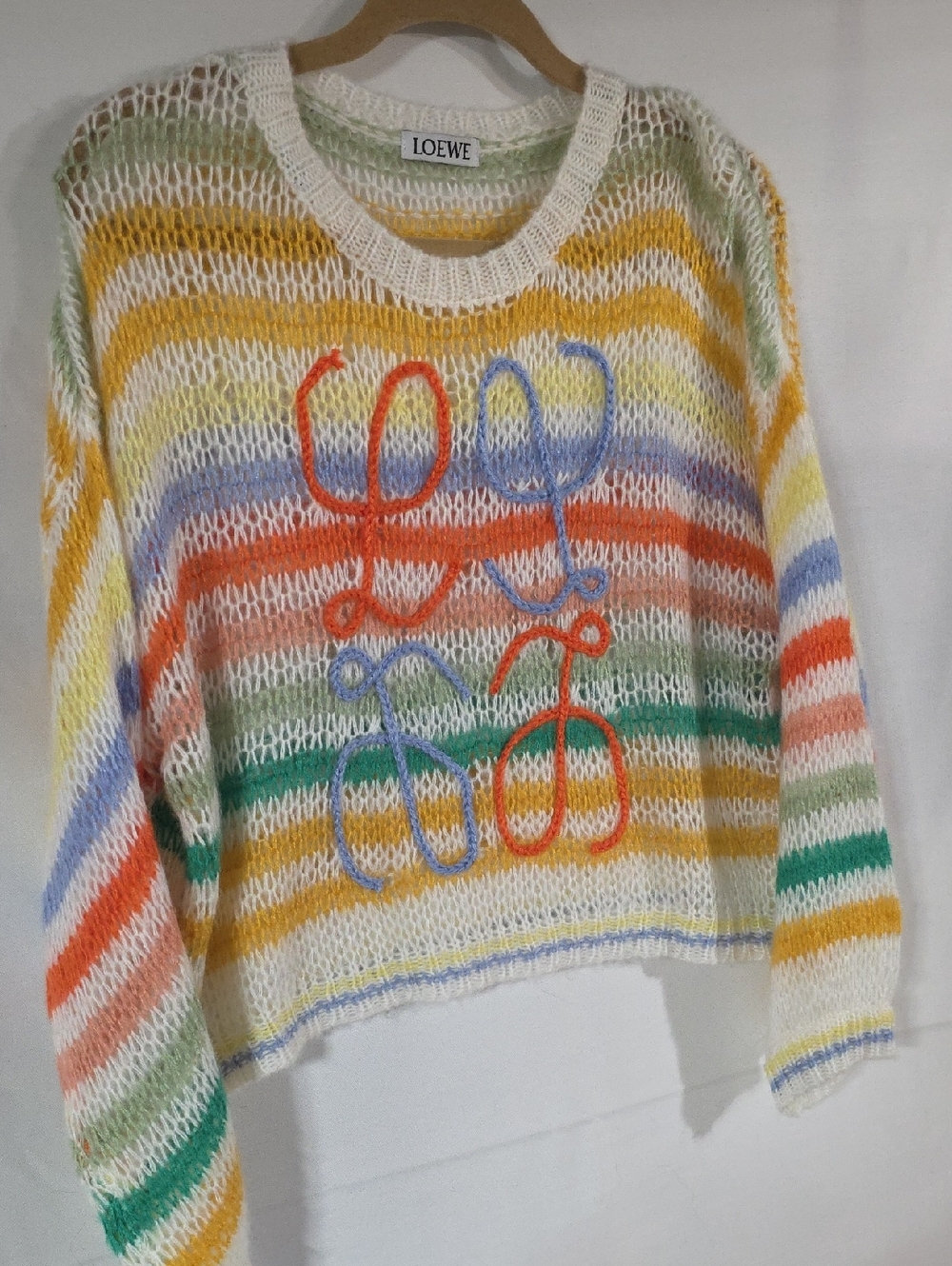 LOEWE Cream Multicolor Striped Open-Knit Crewneck Sweater